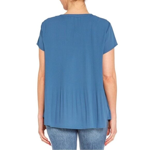 Pleione  Plisse Pleated V-neck Blouse In Slate Blue SP - Picture 2 of 16